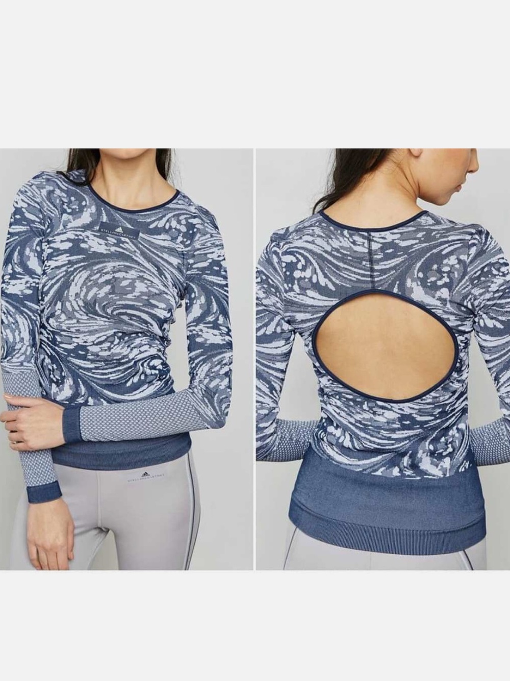 Adidas by Stella McCartney Blue Swirl Seamless Long-Sleeve Open-Back Top Medium